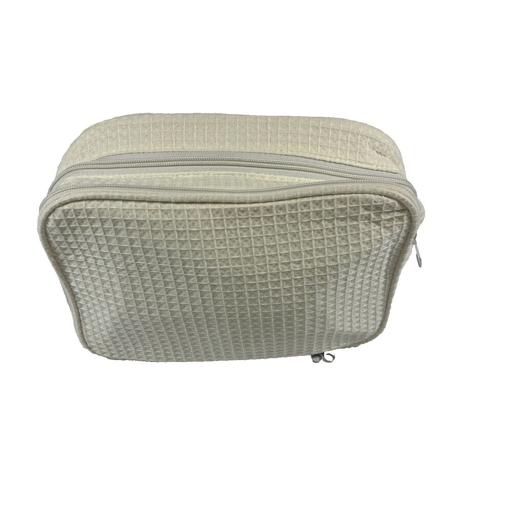 Terry Town Waffle Weave Cosmetic Makeup Travel Bag Double Zip Cream Cotton Blend